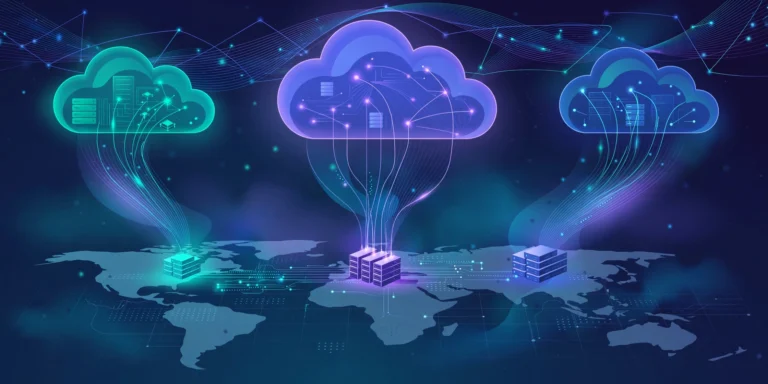 Multi-cloud strategy benefits illustrated through interconnected cloud infrastructure across AWS, Azure and Google Cloud