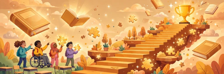 Gamification in education hero illustration — diverse students climbing a staircase of levels toward a trophy among floating books and puzzle pieces
