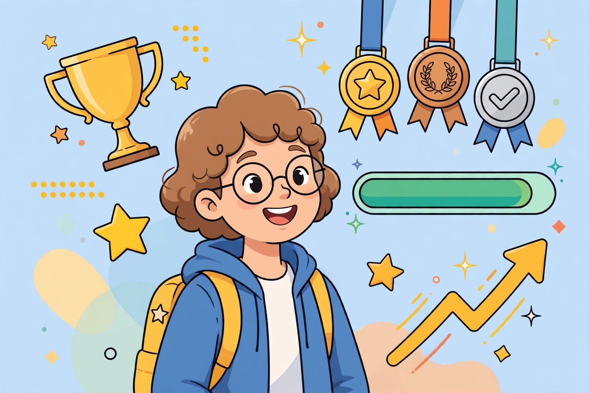 Student surrounded by gamification rewards — trophies, badges, and progress bars — showing how gamification in education boosts student engagement