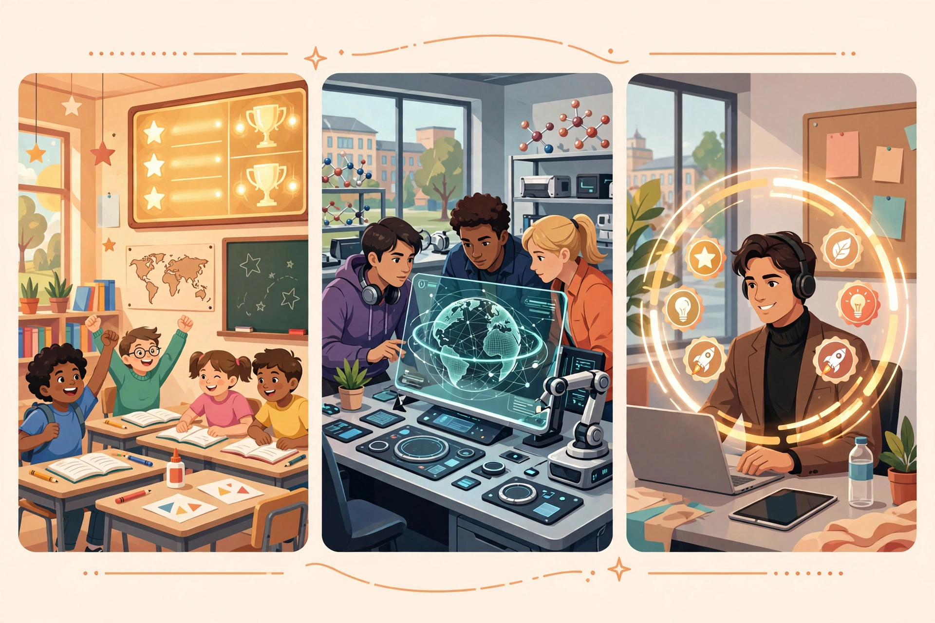 Students across K-12 classrooms, universities, and corporate training engaged in gamified learning — real-world examples of gamification in education