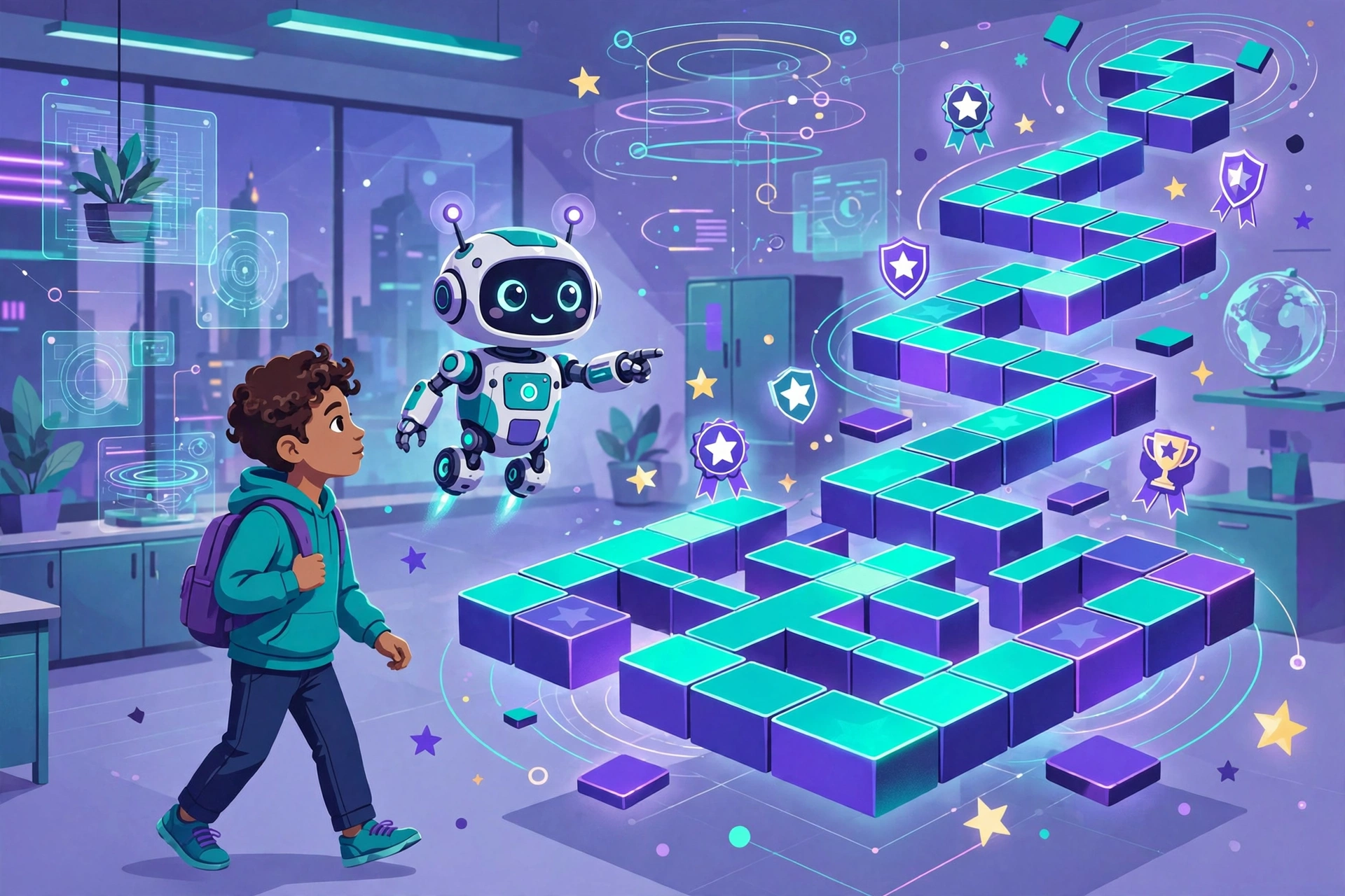 Friendly AI robot tutor guiding a student through gamified learning tiles — AI-powered gamification in education