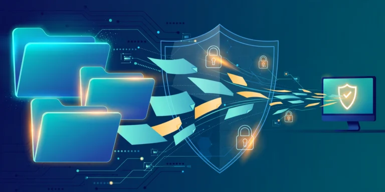 Editorial illustration of secure large file sharing with encrypted folders and shield icons