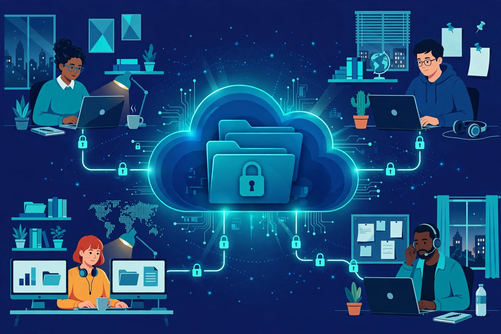 Illustration of a remote team sharing files through a secure cloud platform