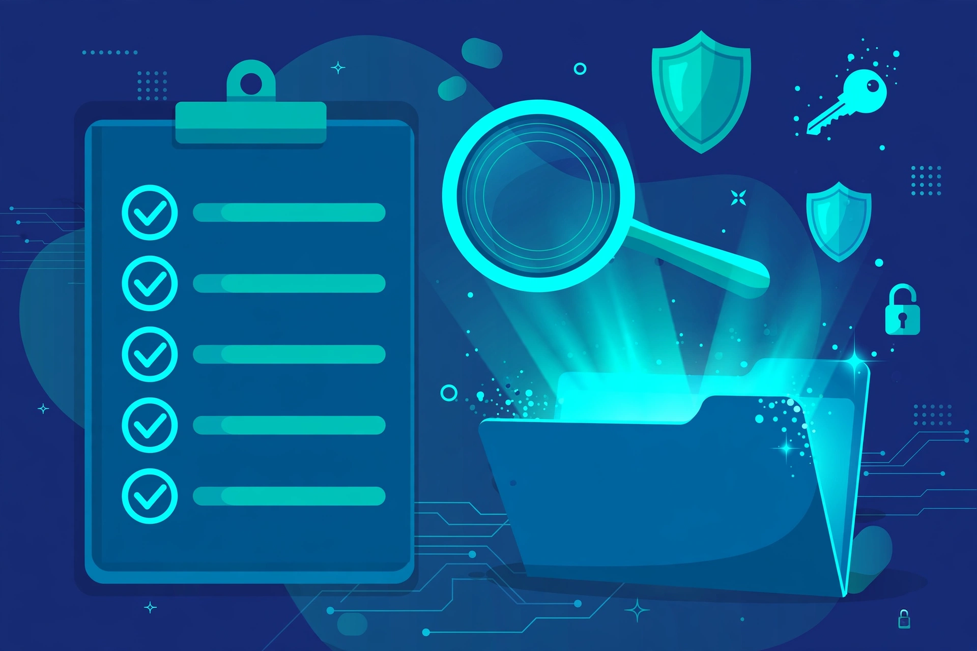 Illustration of a secure file sharing checklist with a shield and magnifying glass