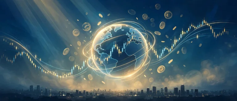 Glowing globe wrapped in forex candlestick chart arcs over a trading city skyline, illustrating beginner swing trading forex
