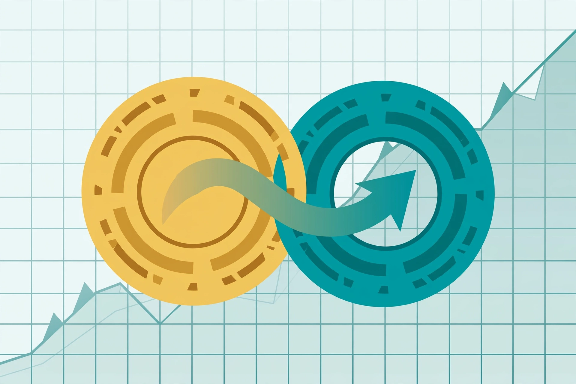 Two interlocking coin emblems joined by an exchange arrow over a chart grid, representing forex currency pairs
