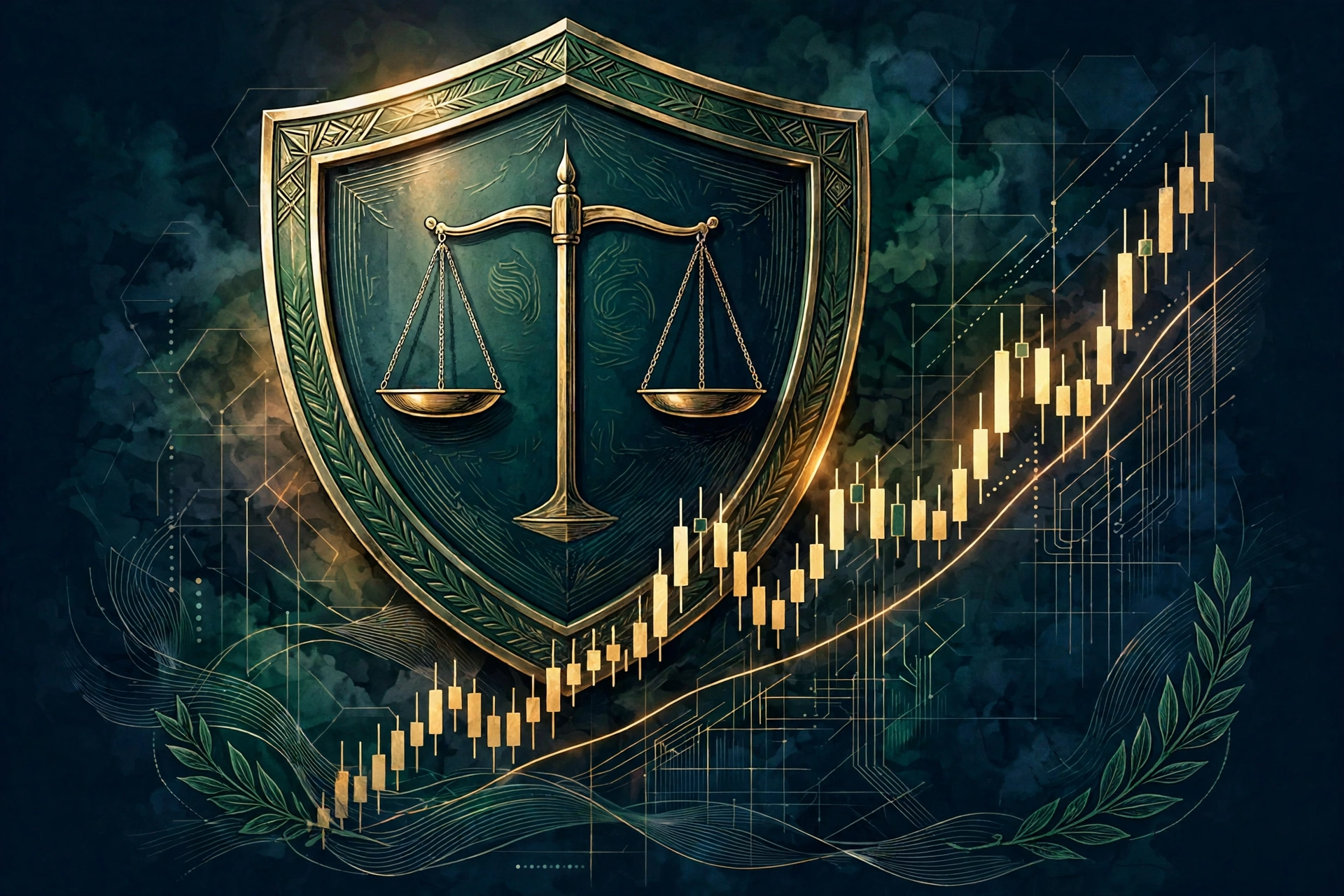 Protective shield with a balanced scale guarding a rising candlestick chart, symbolizing forex risk management
