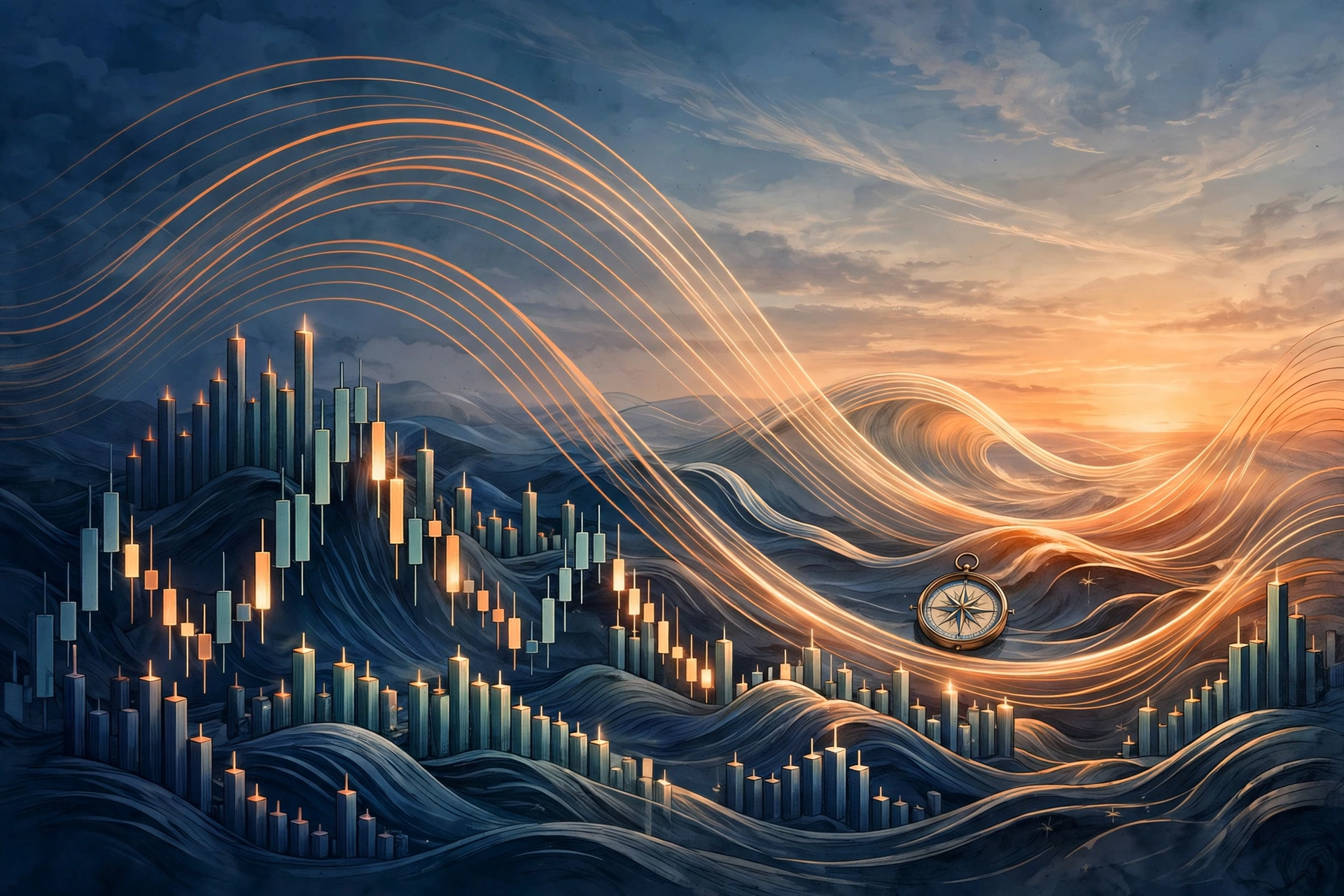 Candlestick chart landscape shaped like ocean waves with a compass guiding the trend, symbolizing swing trading