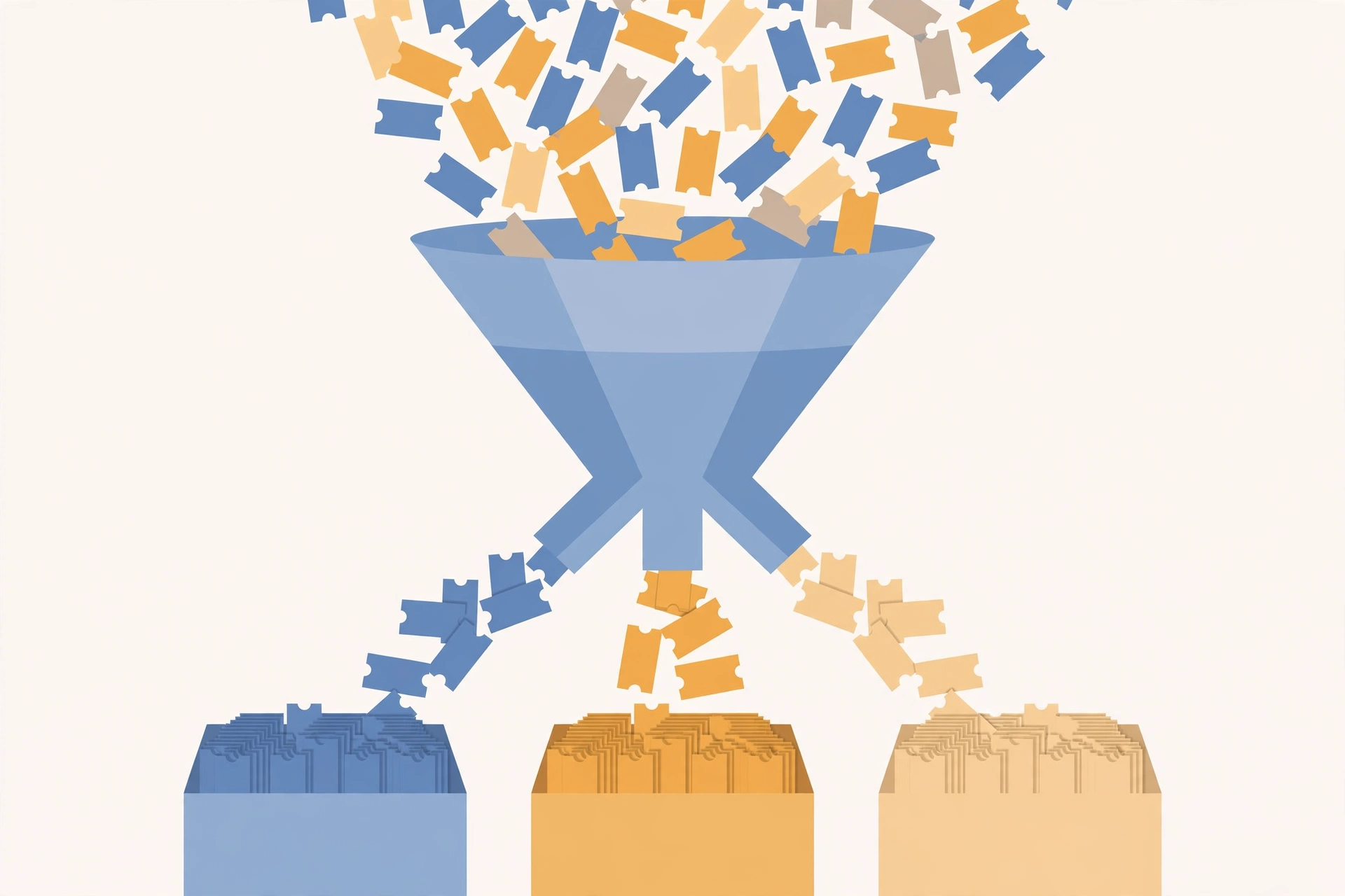 Tickets flowing through a sorting funnel into category bins, illustrating helpdesk ticket triage best practices for faster resolution