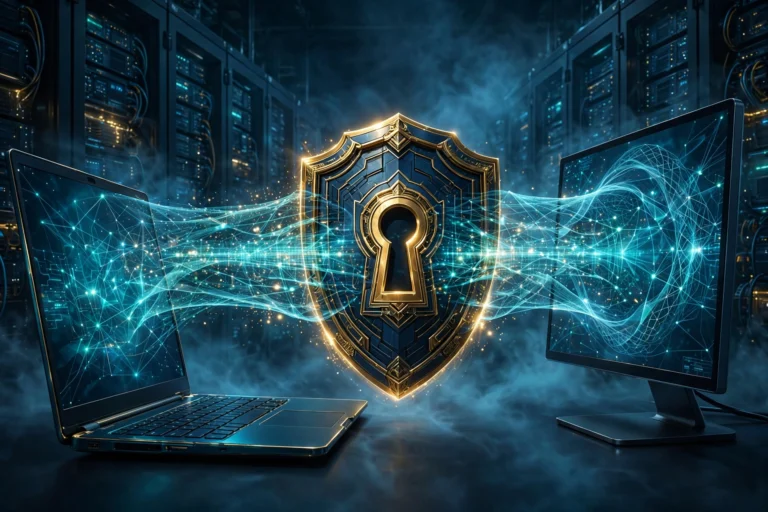 Illustration of remote desktop protocol security with a laptop and monitor connected through a protective encrypted shield