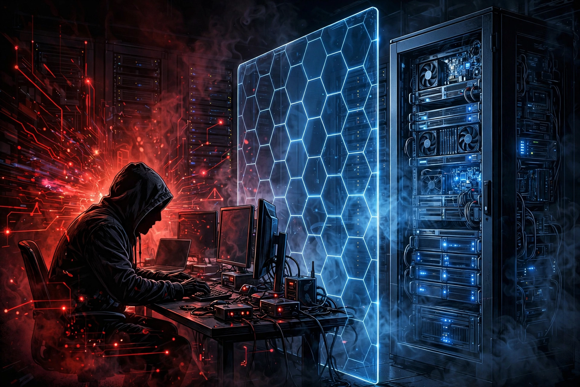 Illustration of a hacker attempting to breach a server protected by a firewall, representing remote desktop protocol security threats
