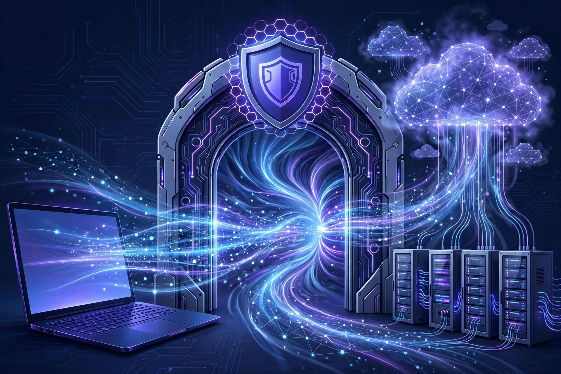 Illustration of a laptop connecting through a secure remote desktop gateway with a shield to cloud and office servers