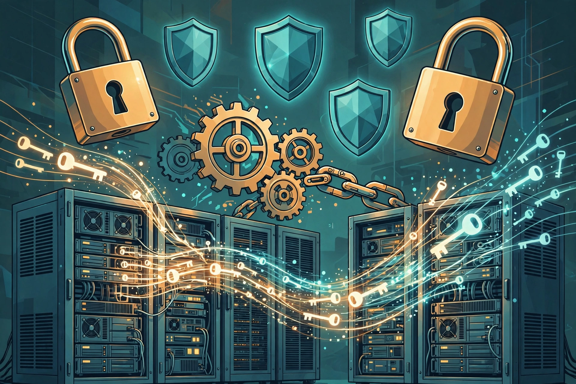 Illustration of server racks with padlocks and gears representing encryption and patching for remote desktop protocol security