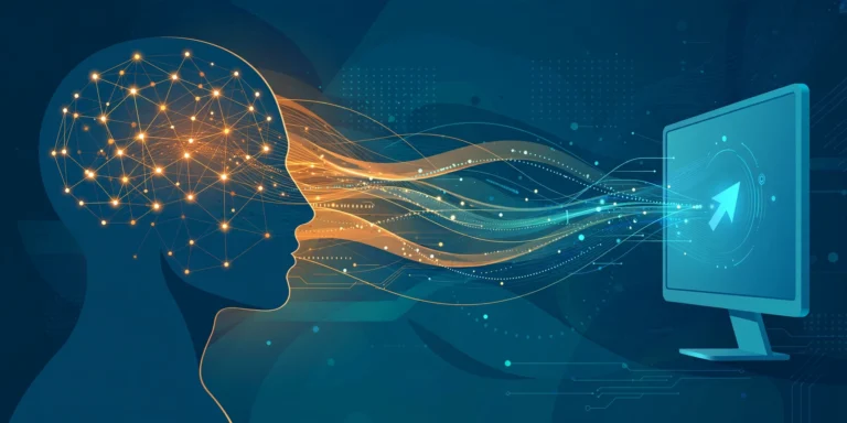 Editorial illustration of a glowing neural network in a human head streaming signals to a computer cursor, showing how brain-computer interfaces work