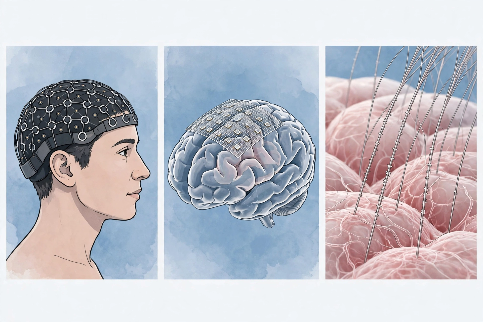 Comparison illustration of the three main ways brain-computer interfaces listen to the brain: an EEG cap, an ECoG electrode grid on the brain surface, and ultra-thin implanted electrode threads