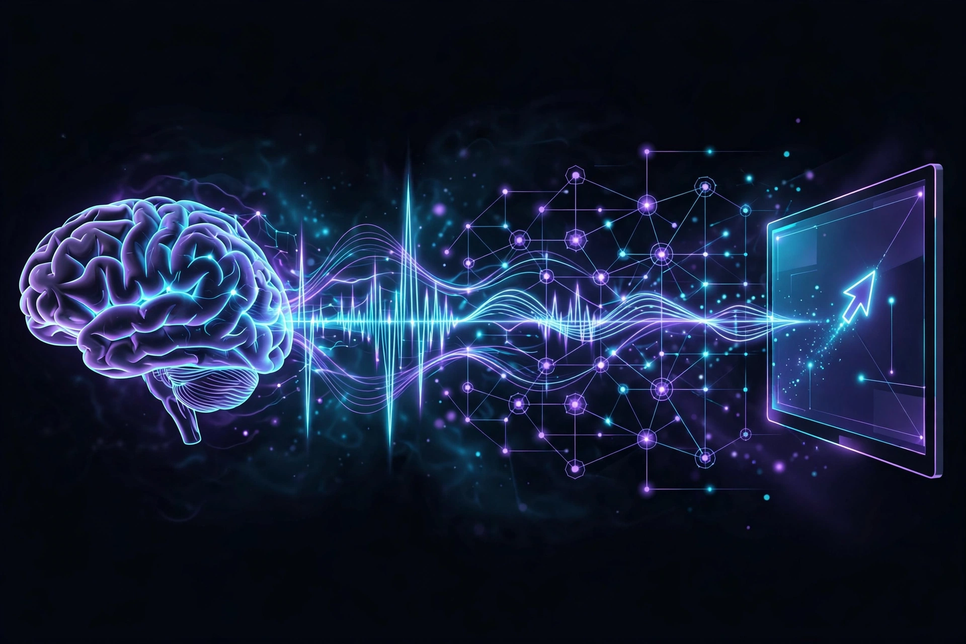 Illustration of neural decoding in a brain-computer interface, with brainwave patterns flowing through an algorithm layer and emerging as a cursor command on screen