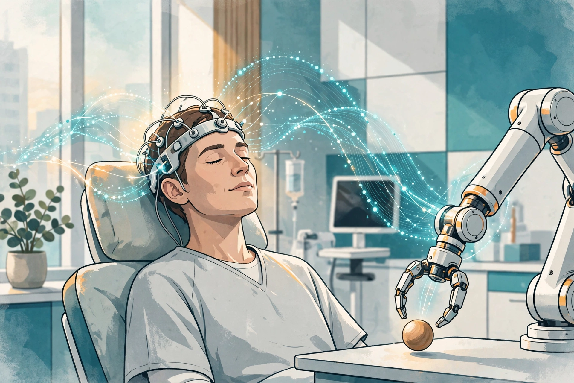 Illustration of a patient in a clinic controlling a robotic arm by thought, one of the real-world applications of how brain-computer interfaces work