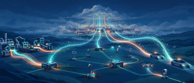 How edge computing works — devices and local servers processing data near the source with a distant cloud in the background
