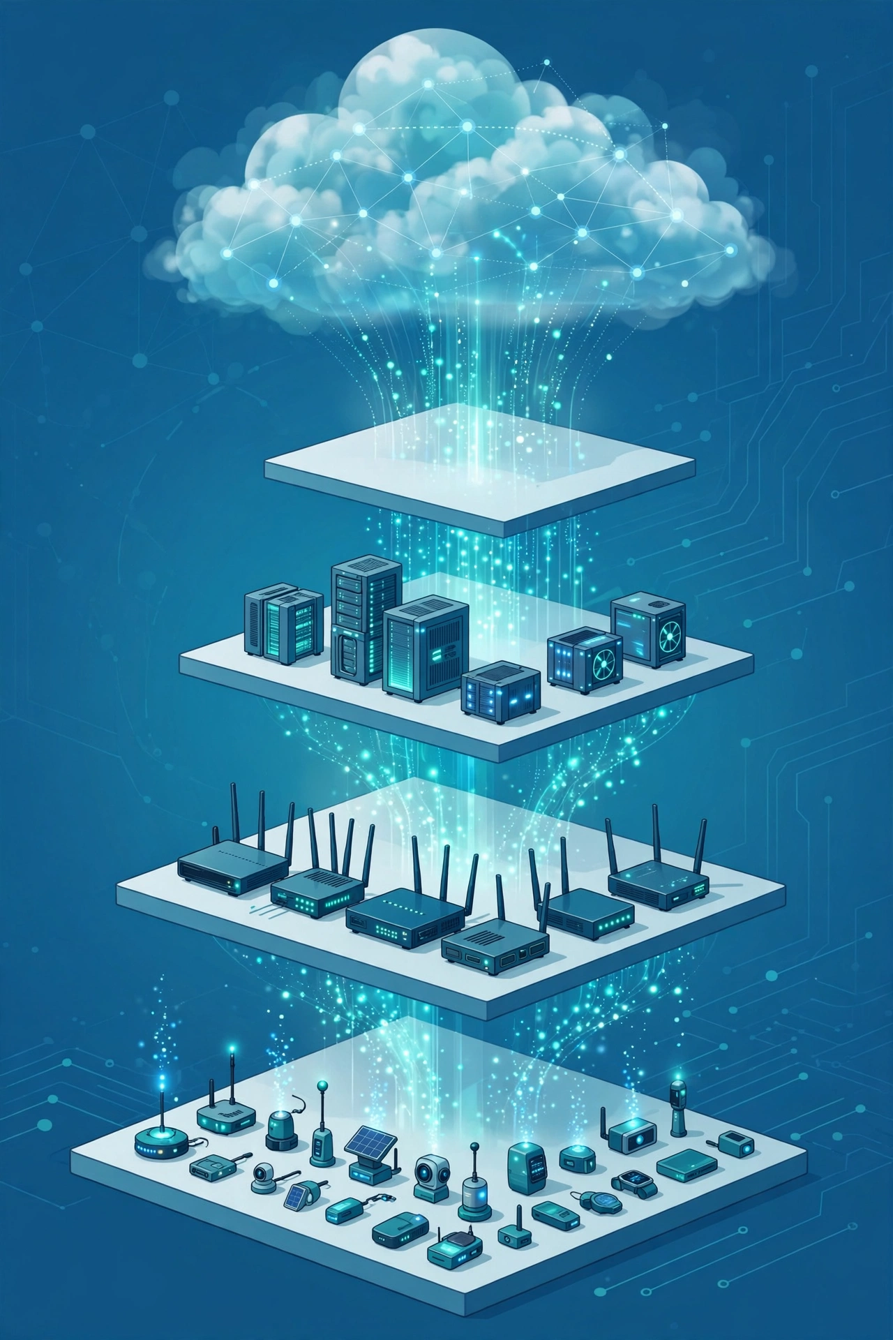 Layered edge computing architecture showing IoT devices, gateways, micro data centers, and the central cloud