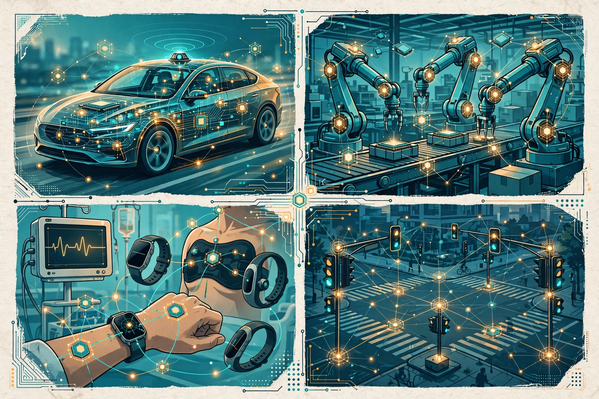 Real-world edge computing examples — autonomous vehicles, smart factories, healthcare wearables, and smart city traffic systems