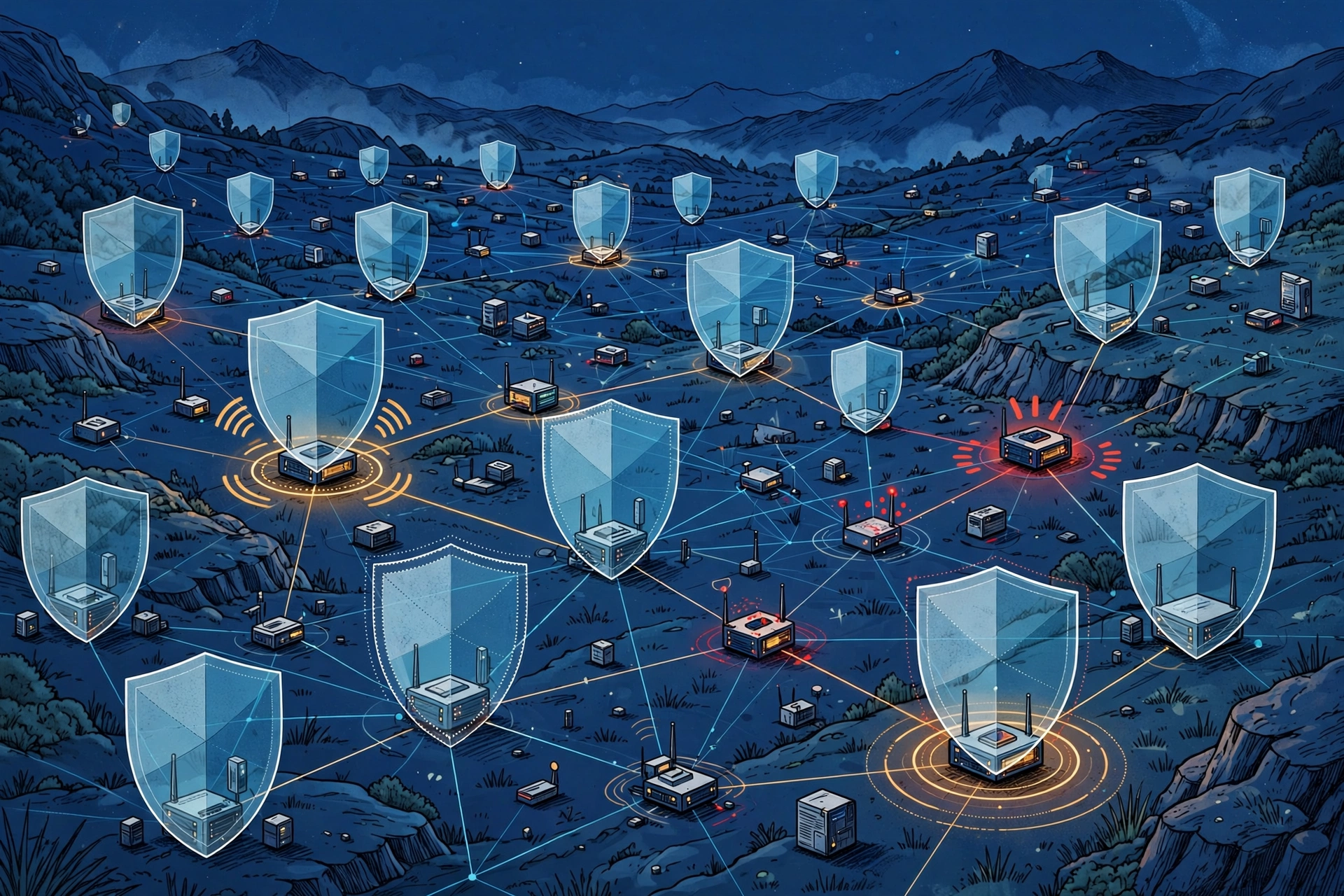 Distributed edge computing nodes protected by security shields, illustrating edge security and management challenges