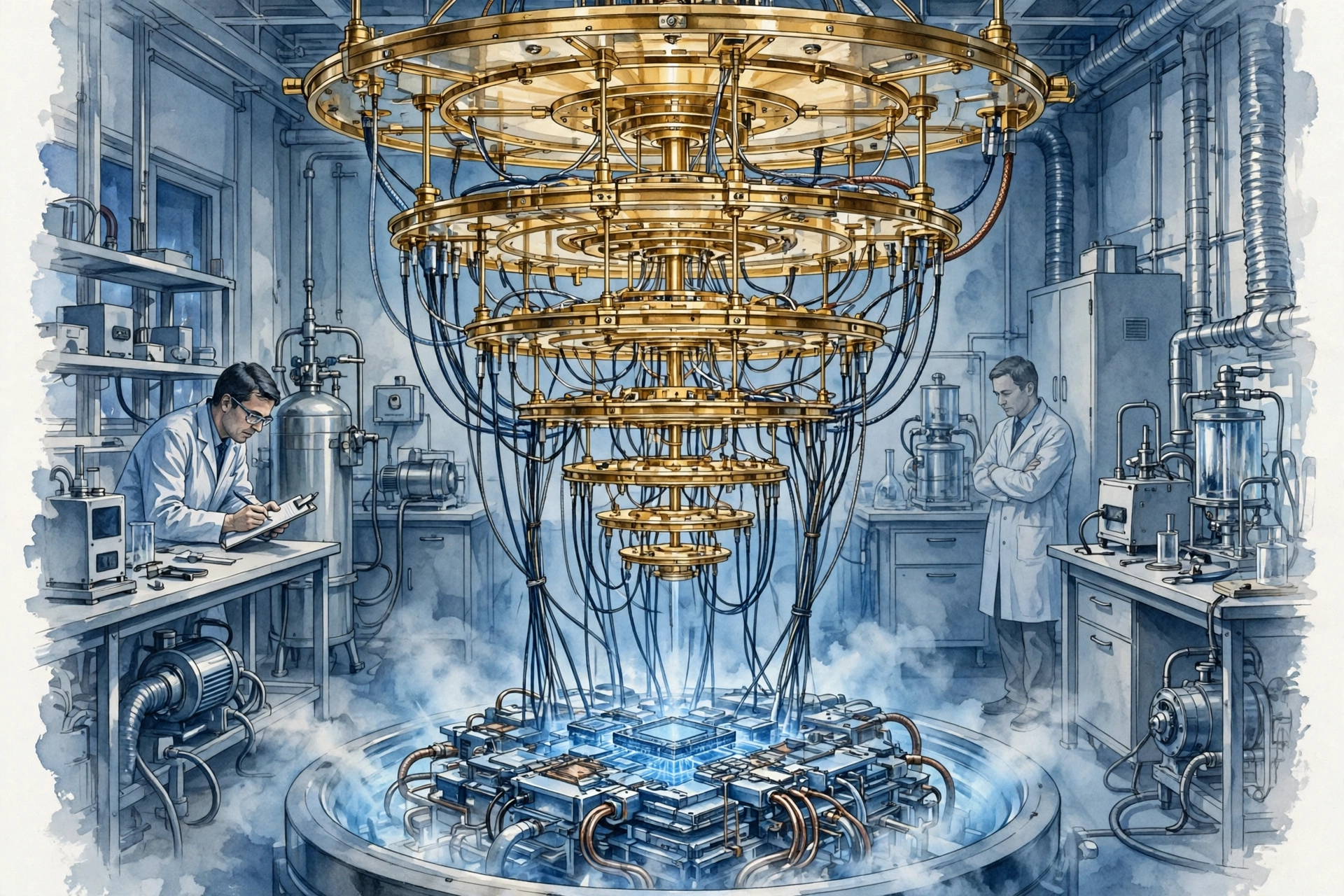 Quantum computer cryostat hardware in a laboratory