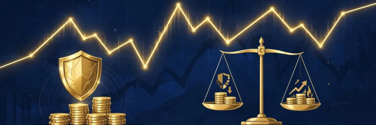 Swing trading risk management and position sizing: shield protecting coins above a price chart