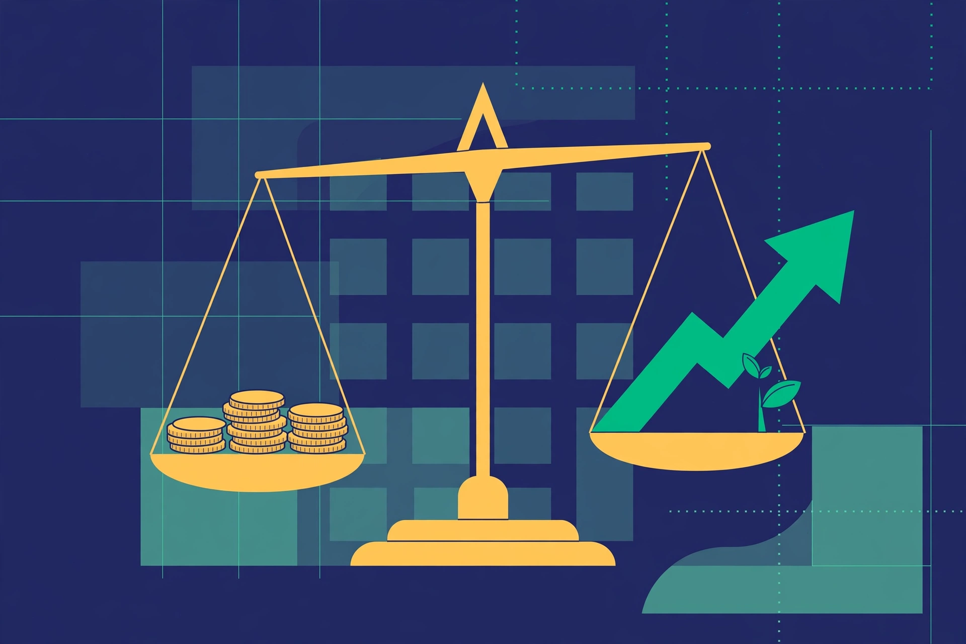 Position sizing in swing trading: a balance scale weighing coins against growth