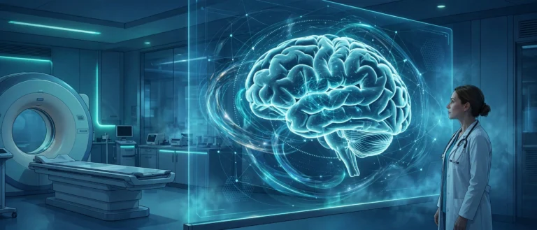 Doctor examining a holographic brain scan with AI analysis in a radiology room