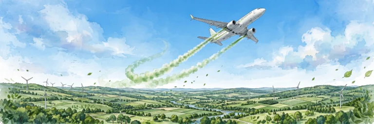 Commercial airliner flying over wind turbines, symbolizing sustainable aviation