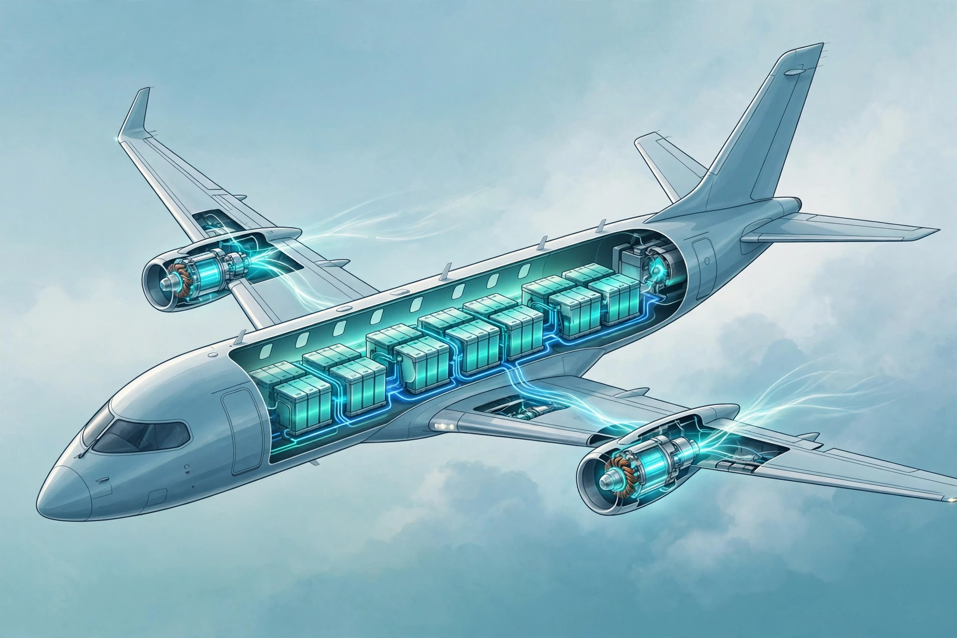 Cutaway illustration of a hybrid-electric aircraft showing battery modules and electric motors