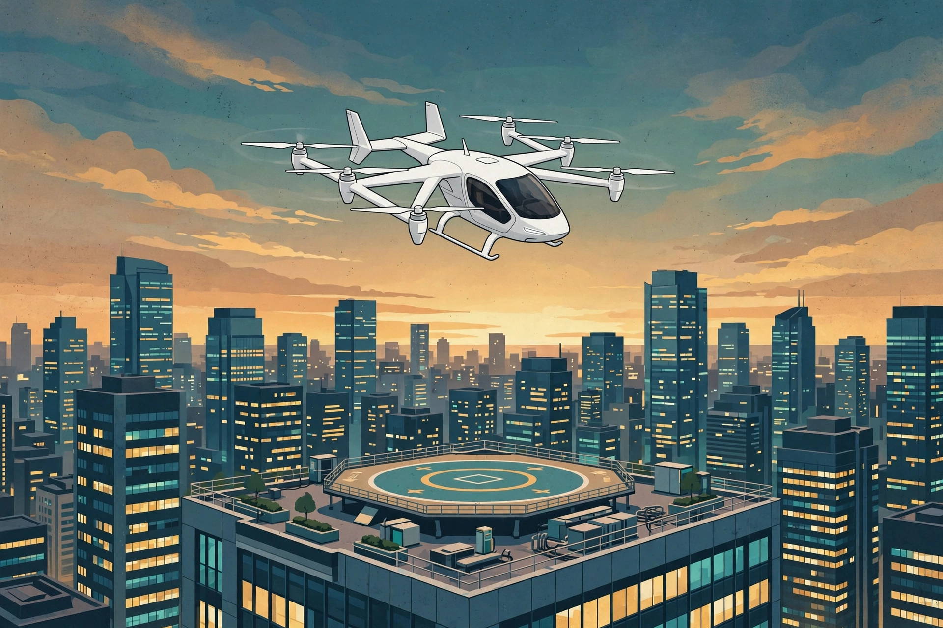 Electric air taxi flying over a city toward a rooftop vertiport at dusk