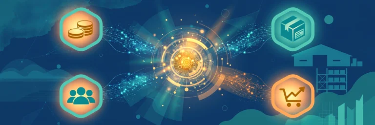 Editorial illustration of connected business systems representing ERP implementation best practices for growing businesses