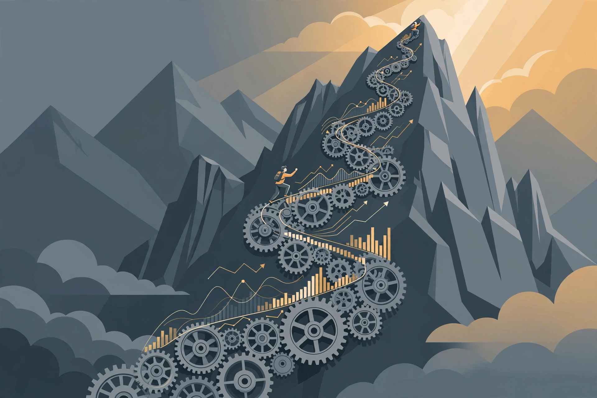 Editorial illustration of a steep mountain path of gears symbolizing common ERP implementation challenges for growing businesses