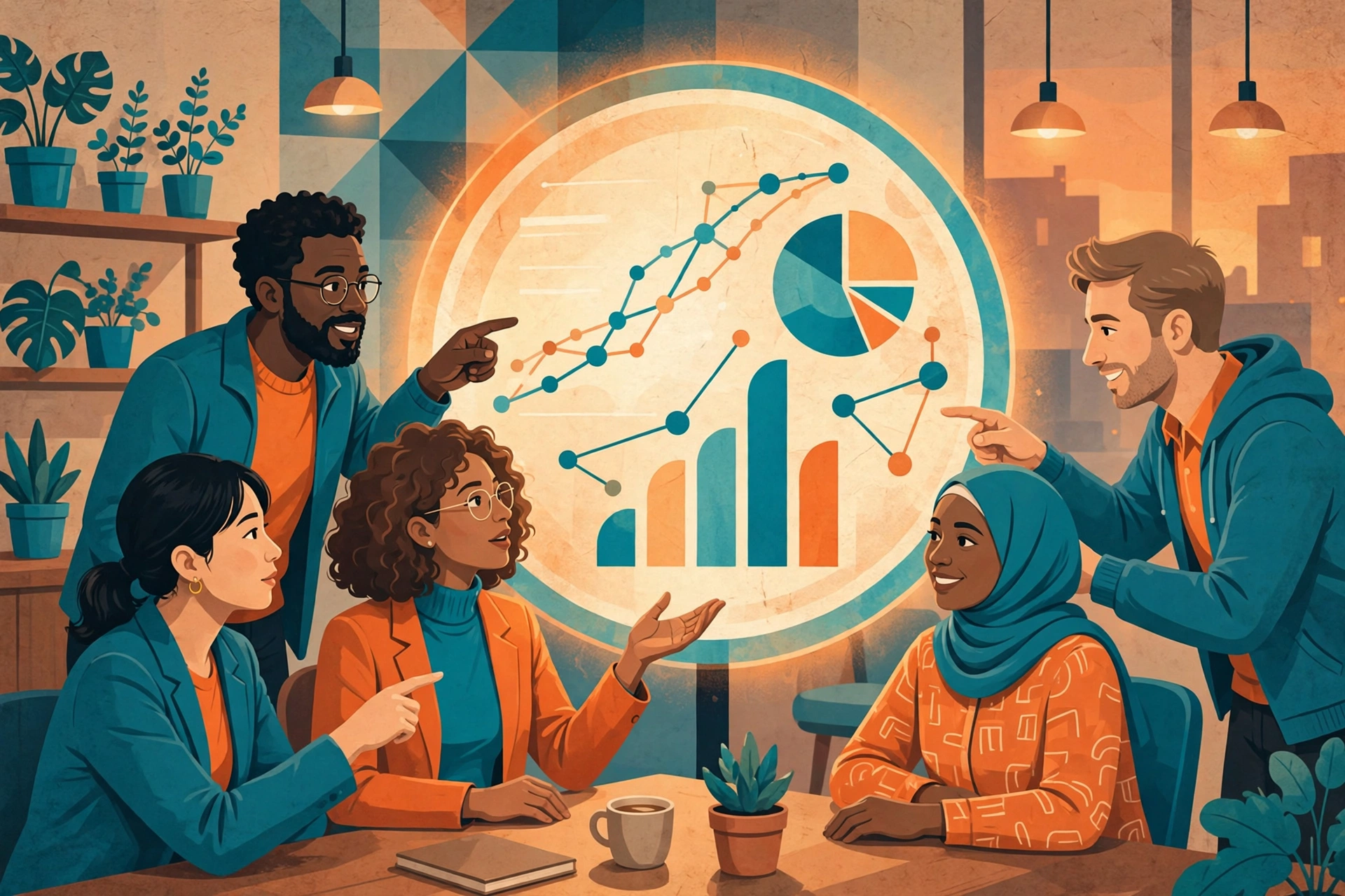 Business team collaborating around a digital dashboard, illustrating ERP change management and user adoption best practices