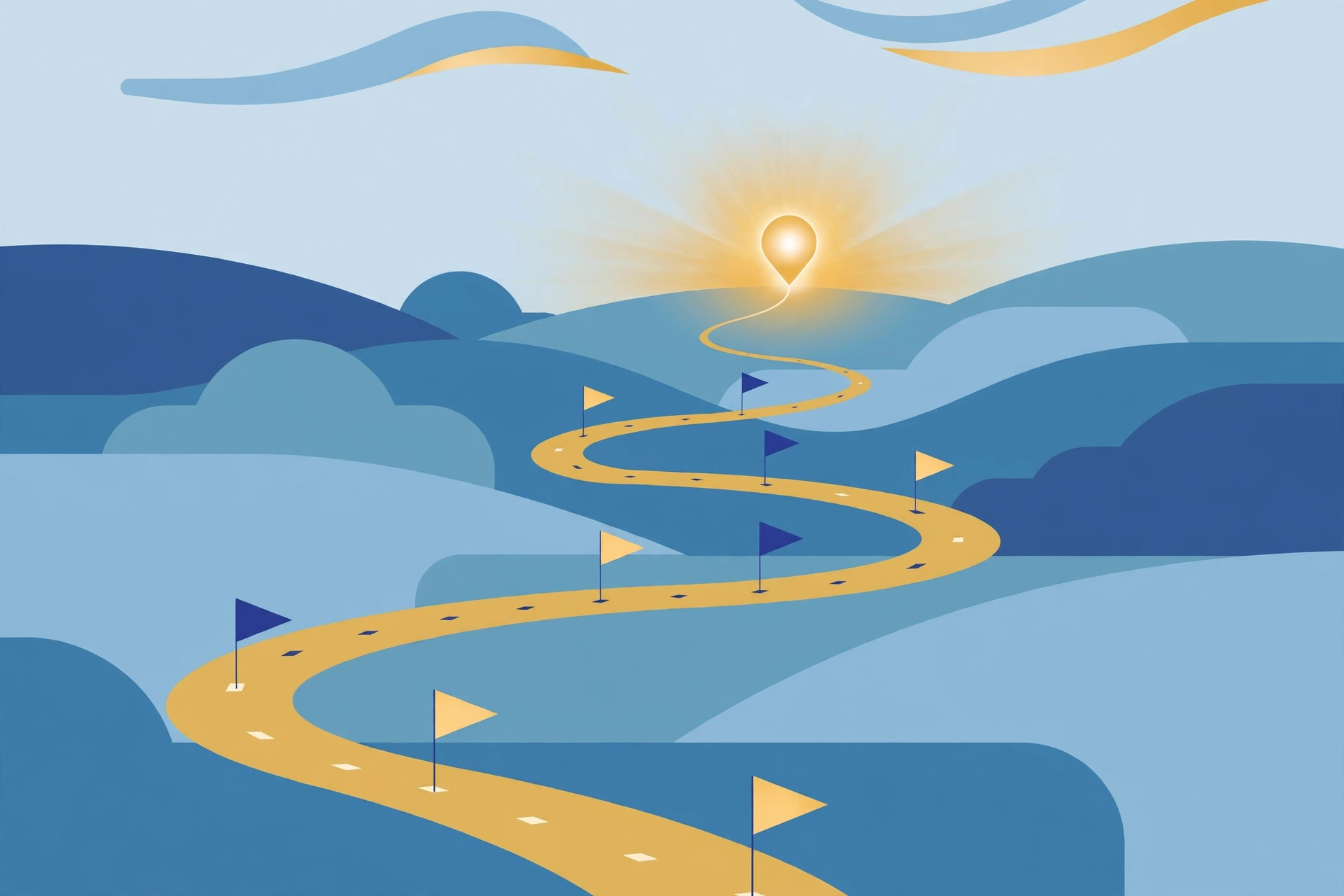 Editorial illustration of a roadmap winding toward a destination marker, representing a phased ERP implementation roadmap